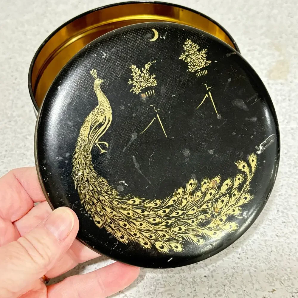Vintage candy cookie biscuit tin black & gold peacock motif Art Deco storage